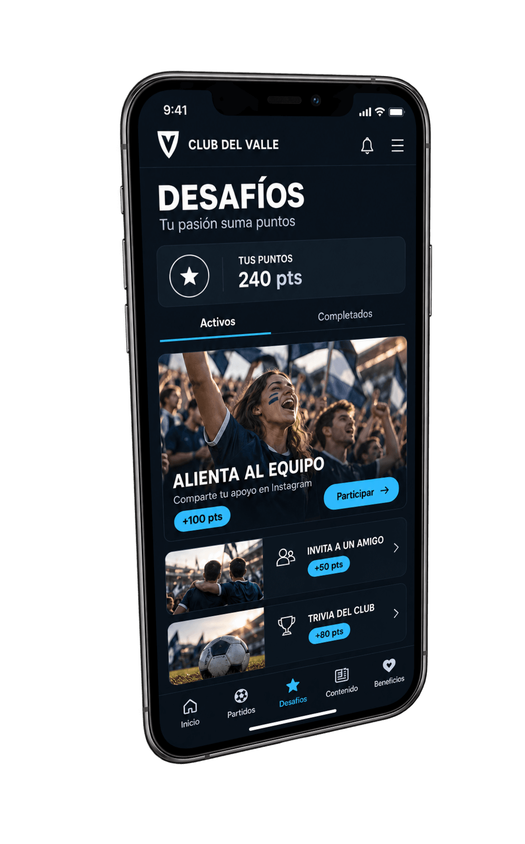 Pantalla de desafíos de la misma web app: acciones que suman puntos.