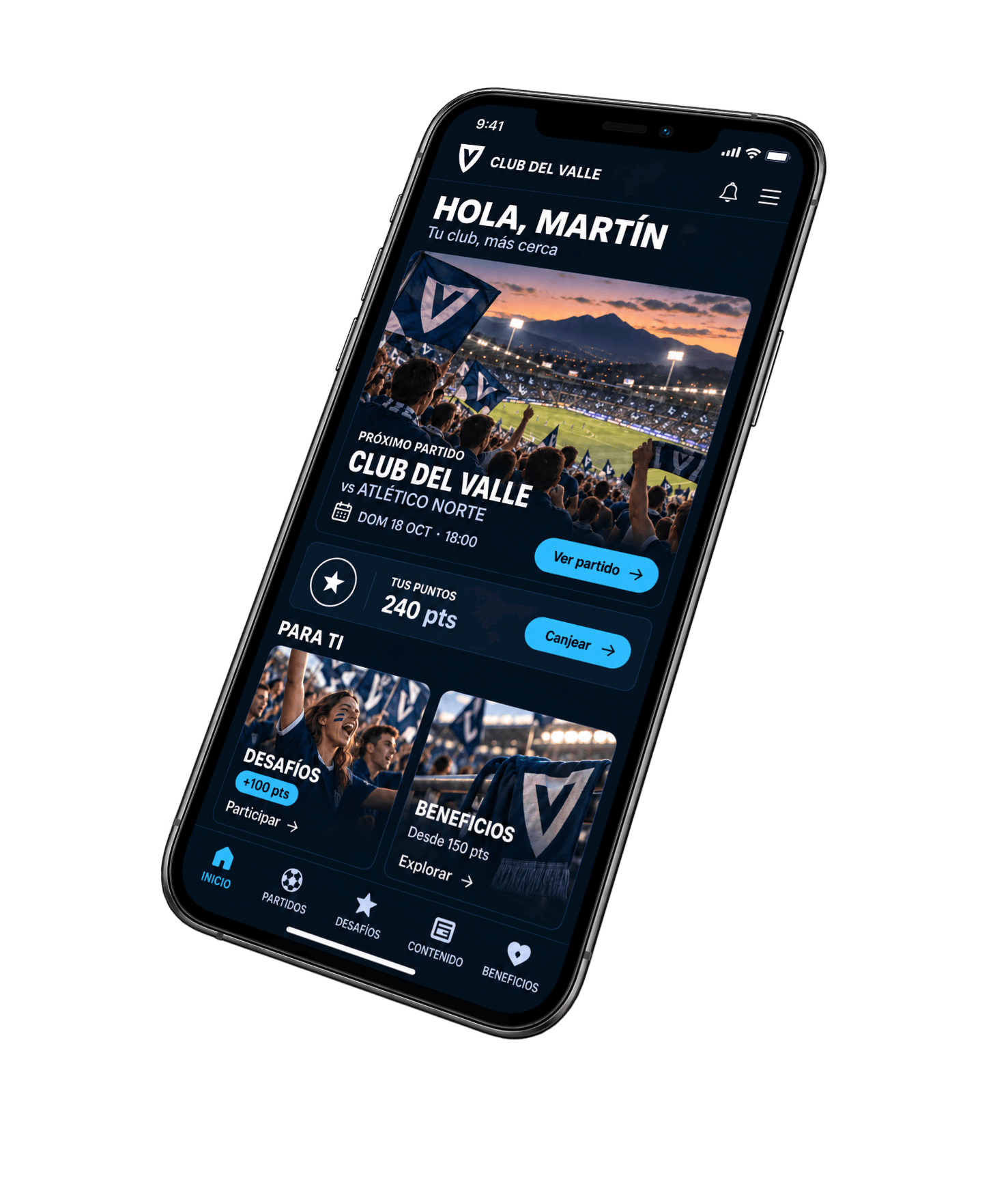 Pantalla de inicio de la web app de un club: próximo partido, puntos y desafíos.