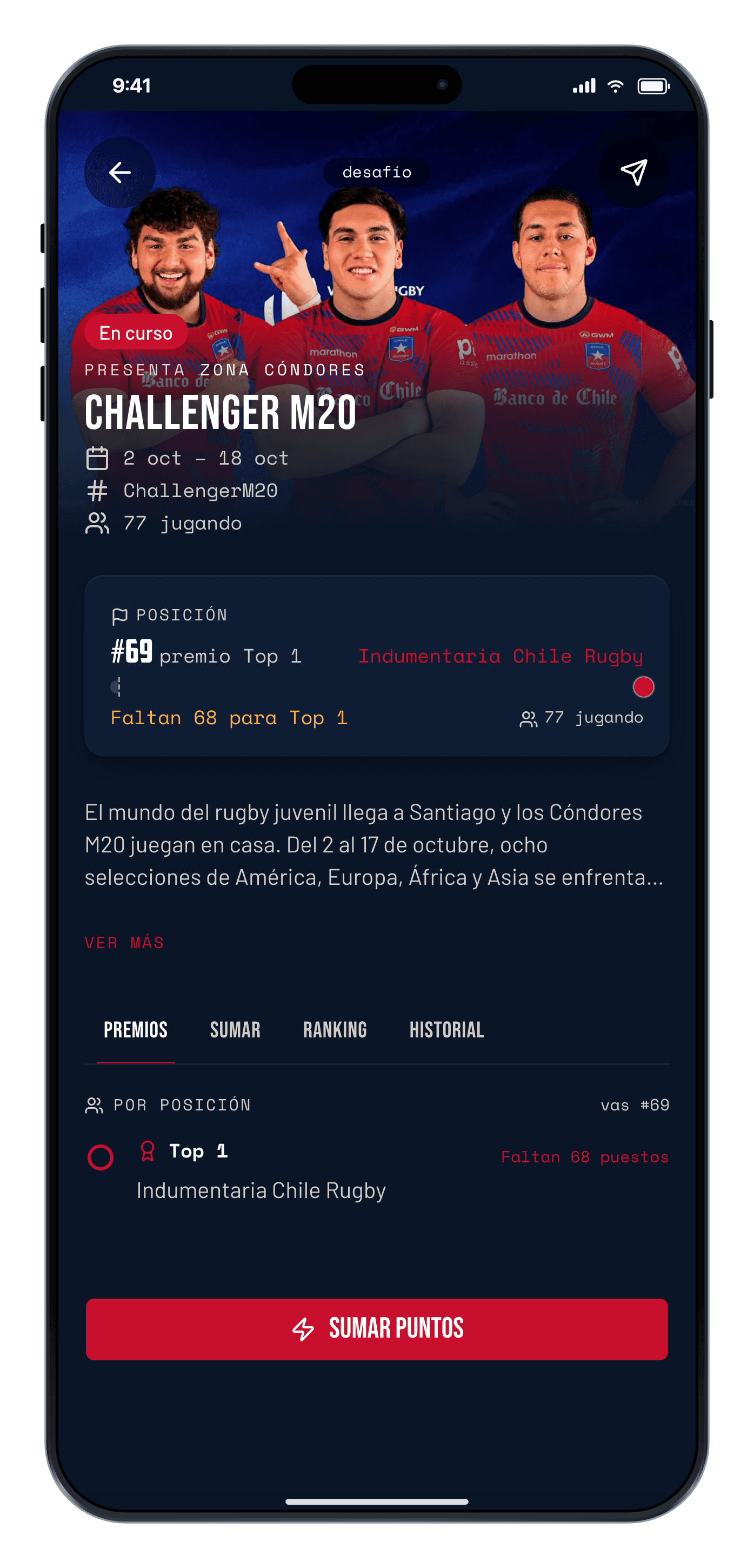 Zona Cóndores en un teléfono: el desafío Challenger M20, con su premio, su ranking y el botón para sumar puntos.