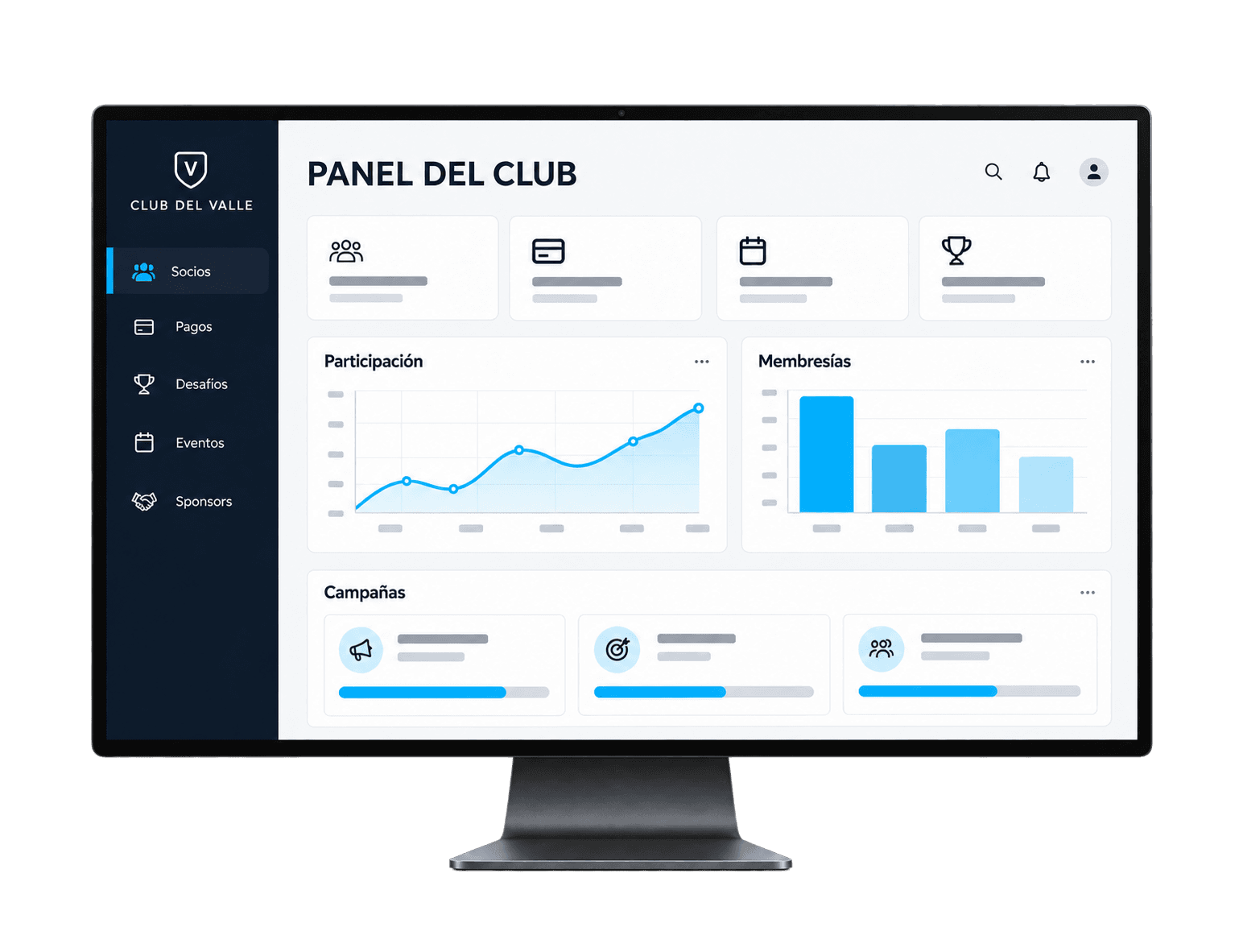 Ilustración del portal de un club en un monitor, con socios, membresías, participación y campañas.
