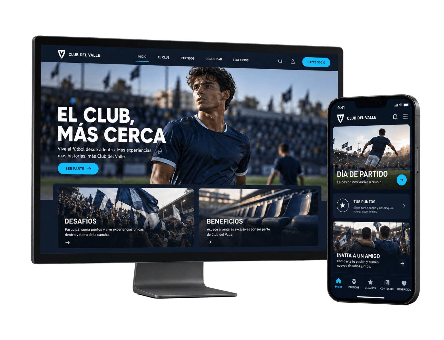 Ilustración de la web app de un club en un computador y un teléfono, con partidos, desafíos y beneficios.