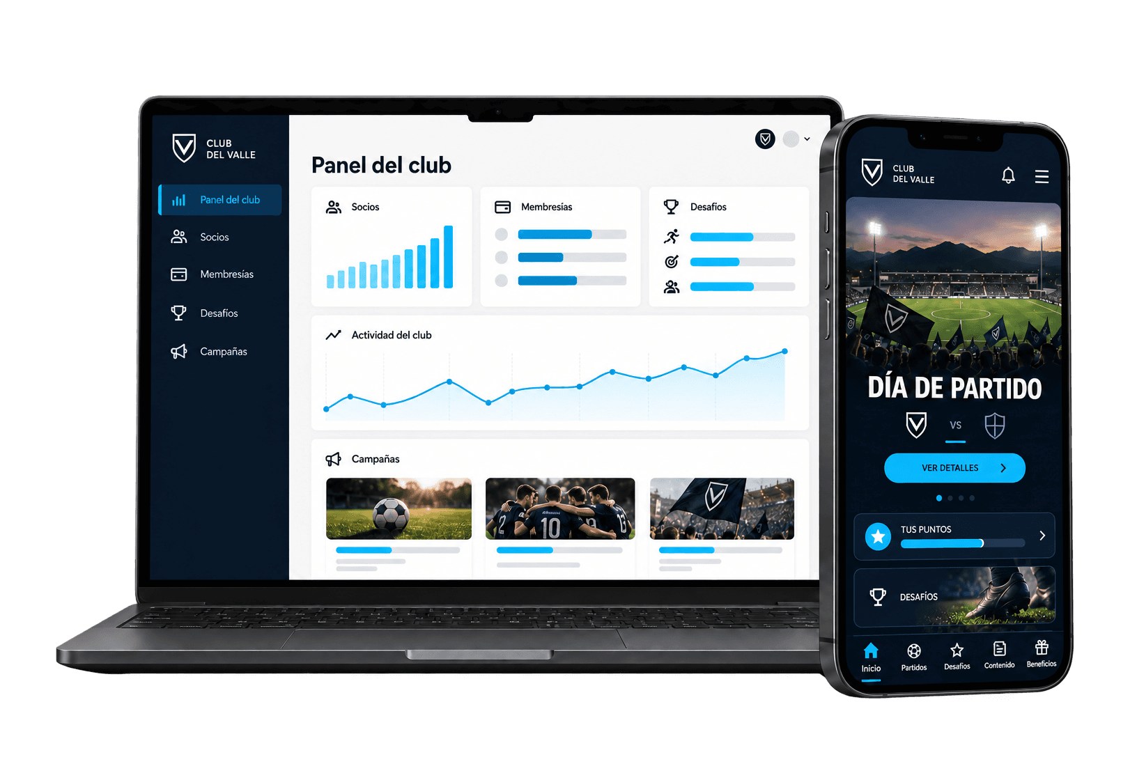 Ilustración del portal de administración de un club en un portátil y de su web app en un teléfono.